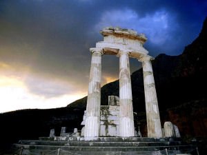 The temple of Athens pronea in Delphi Greece
