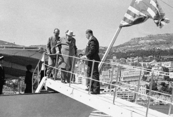 Winston Churchill disembarking from Onassis’ yacht, the Christina
