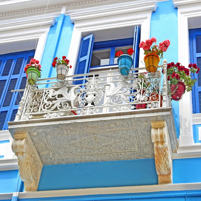 beautiful balcony of house with flowers in nafplion