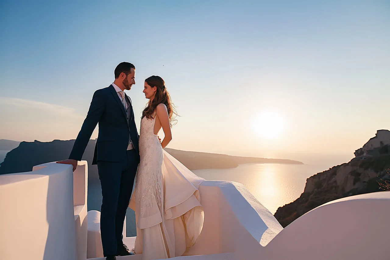 bride and groom in santorini greece